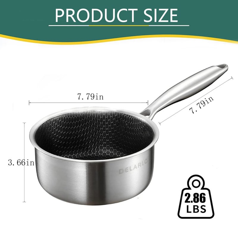 DELARLO DELALRO Full Clad Tri-Ply Stainless Steel Sauce Pan 2.5QT  All Stove Safe 600?(Lids 300?)  Medium Sauce Pan with Lid  Non Stick Sauce Pan  Fast & Even Heat  Steel Pot with Lid  Energy Saving 2-1/2 QT - Image 3